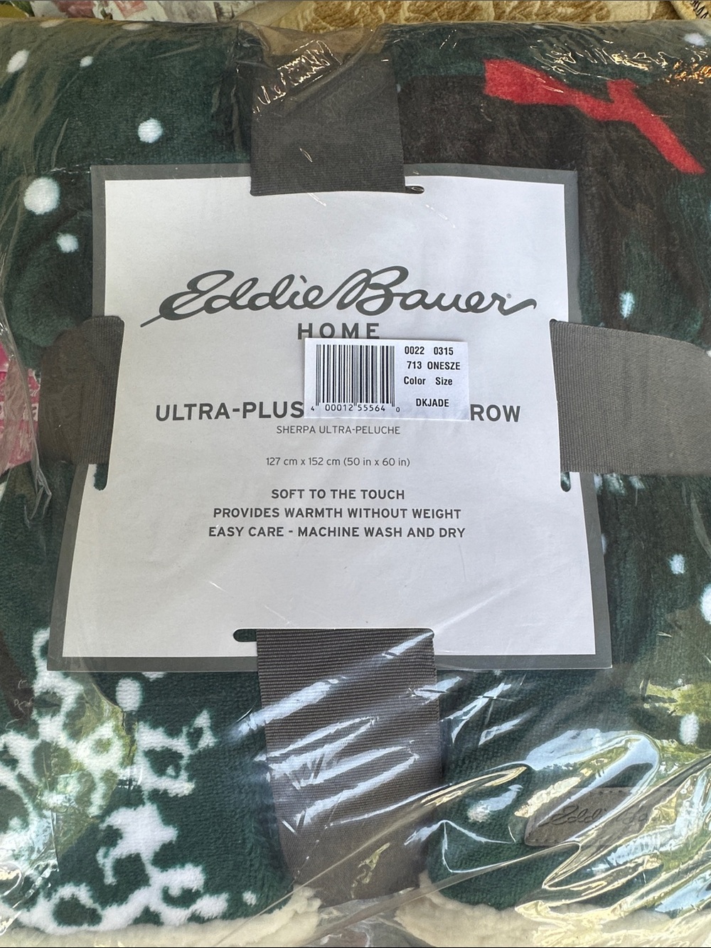 Eddie Bauer Dark Green & White Sherpa Throw Blanket